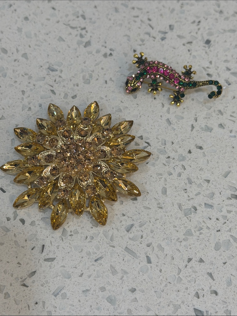 Gold Crystal Sunburst Brooch with Pink & Green Lizard Accent